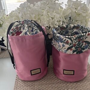 Gucci Flora Pink Satin Drawstring Makeup Cosmetic Bag - shown open and closed